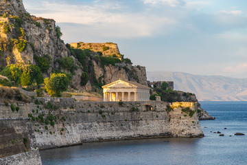 View on classical Greek temple Saint George church architecture of Greece Corfu island capital Kerkyra.