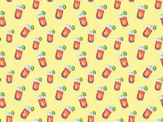 Seamless watercolor pattern with a drink, cocktail with lemon, ice, mojito, smoothies. Fruit lemon, orange. Vintage drawing on white background