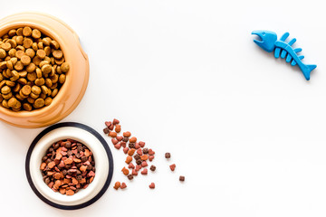 Cat and dog dry food in bowl and toys on white background top view mockup