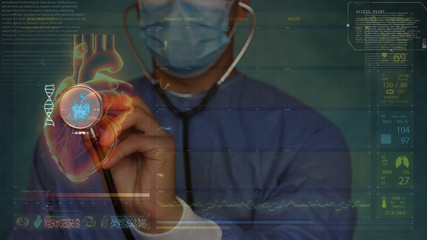 Doctor checking heart and brain testing result, analysis with modern virtual interface in...