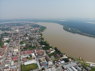 Aerial view of Teluk Intan town in Malaysia. Scenic view of riverside.