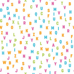 Seamless pattern of colorful letters. Random order signs. Vector background