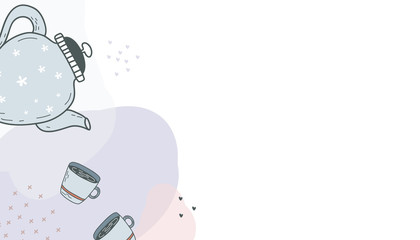 Vector abstract background with geometric shapes,teapot and cup. Memphis style banner design, doodle.