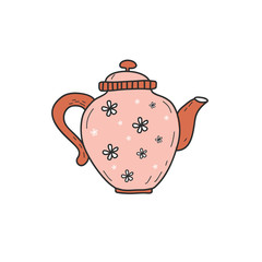 Vector color illustration of teapot in the style of doodle. linear hand-drawn drawing. Tea party symbol.