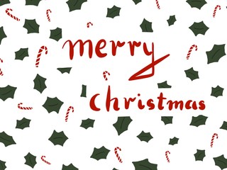 Christmas greeting card with decorative green ornaments, christmas seamless pattern