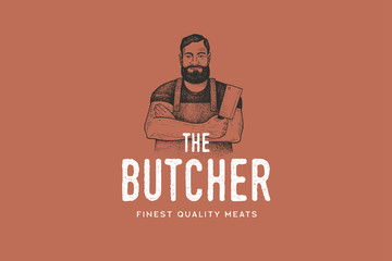 Hand drawing of man butcher in retro engraving style. Template of emblem or logo for grill restaurant, menu of steak house, for packaging in markets and in stores. Vector vintage illustration.