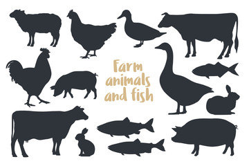 Set of silhouettes farm animals Isolated on light background. Image for meat stores , market, packaging and advertising. Vector illustration.