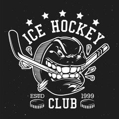 Rondelle de hockey sur glace avec dents et bâton, signe du club