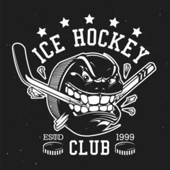 Papier Peint photo autocollant Pour lui Rondelle de hockey sur glace avec dents et bâton, signe du club