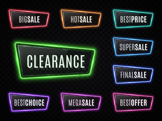 Big sale, best price, super sale, clearance neon signs on transparent background. Led lamp color set with advertising discount text. Glowing frames with shiny plastic plate. Bright vector illustration