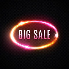 Obraz premium Big Sale neon text design template on transparent background. Discount oval glowing logo, light banner. Modern colorful circle element. Night bright advertising, round sign. 1980 vector illustration.