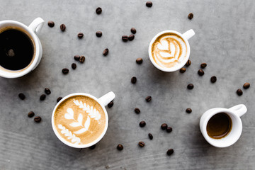 Various coffee drinks shooted from above. High angle view.