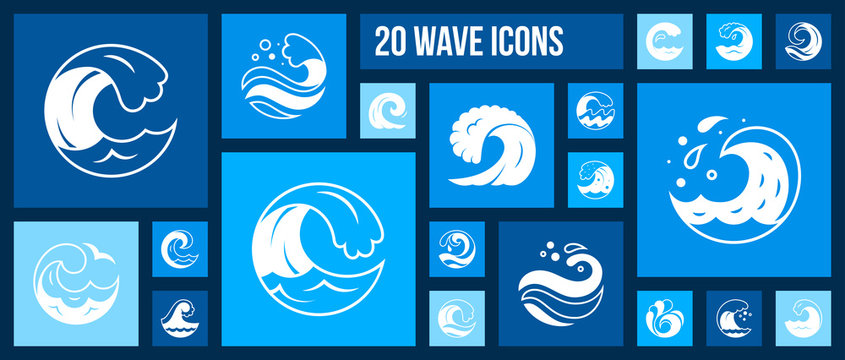 Water Wave sea splash shape white icon vector set