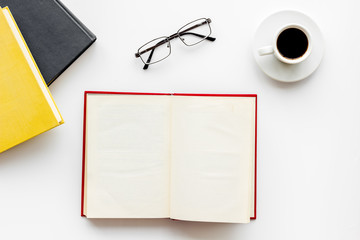 workplace with books, glasses, coffee on white background flatlay mockup