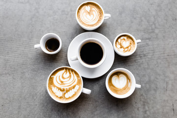 Various coffee drinks shooted from above. High angle view.