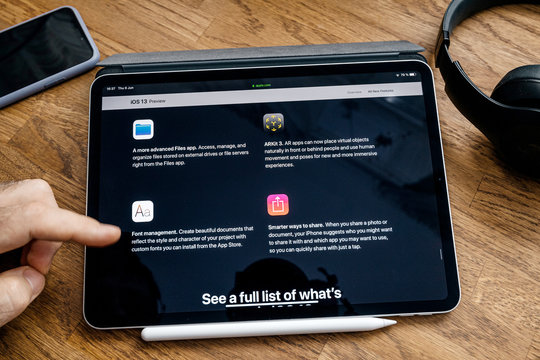 Paris, France - Jun 6, 2019: Apple iPad Pro tablet about latest announcement of at Apple Worldwide Developers Conference showing the iOS 13 feature Files App, arkit 3, Font Management