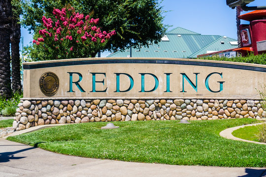June 23, 2018 Redding / CA / USA - Large Redding sign at the entrance in the city