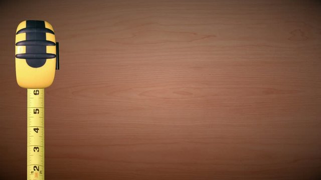 Animated yellow tape measure on poplar wood background