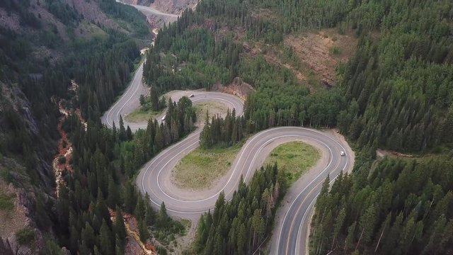 Tilt Up Aerial of Curvy Million Dollar Highway Route 550 Outside of Ouray, Colorado, USA