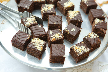 Chocolate cakes are on a platter