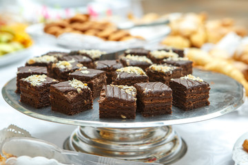 Chocolate cakes are on a platter