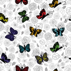 Hand drawn garden flower doodle with colorful rainbow butterflies 