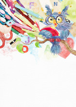 Back to school. Watercolor background with owl
