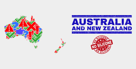 Sign Mosaic Australia and New Zealand map and seal stamps. Red round No Silicone distress seal stamp. Colorful Australia and New Zealand map mosaic of different random elements.