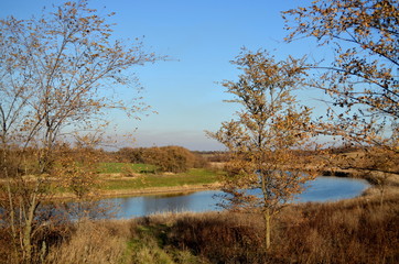 River in the steppe under a blue sky with haze, green meadows and autumn trees in the foreground
