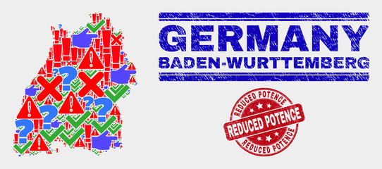 Sign Mosaic Baden-Wurttemberg Land map and seal stamps. Red round Reduced Potence distress seal stamp. Colorful Baden-Wurttemberg Land map mosaic of different scattered icons.