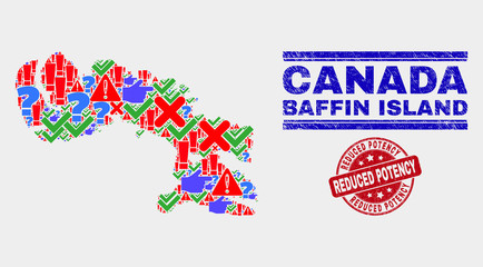 Symbol Mosaic Baffin Island map and seal stamps. Red round Reduced Potency textured seal stamp. Colored Baffin Island map mosaic of different randomized items. Vector abstract composition.
