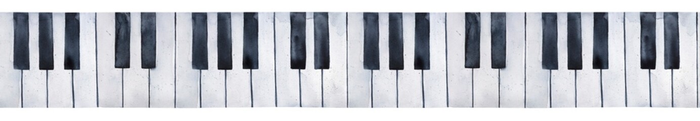 Seamless repeatable border of grunge black and white piano keys. Top view  ink drops, marks and stains. Hand painted watercolour drawing, isolated element for design, web site, card, print, poster. © Julija