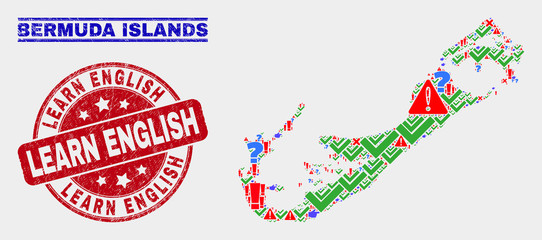 Sign Mosaic Bermuda Islands map and seal stamps. Red round Learn English scratched seal. Colored Bermuda Islands map mosaic of different random icons. Vector abstract composition.