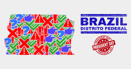 Sign Mosaic Brazil Distrito Federal map and seal stamps. Red rounded President Day grunge seal. Colorful Brazil Distrito Federal map mosaic of different random items. Vector abstract composition.