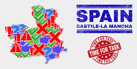 Symbol Mosaic Castile-La Mancha Province map and seal stamps. Red round Time for Task distress seal. Colored Castile-La Mancha Province map mosaic of different scattered items.