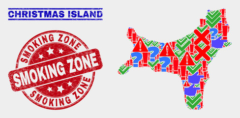 Symbolic Mosaic Christmas Island map and seal stamps. Red round Smoking Zone grunge seal. Colorful Christmas Island map mosaic of different randomized symbols. Vector abstract combination.