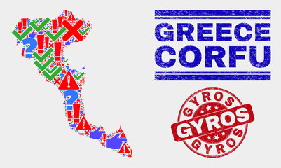 Sign Mosaic Corfu Island map and seal stamps. Red round Gyros grunge seal stamp. Colorful Corfu Island map mosaic of different randomized icons. Vector abstract combination.