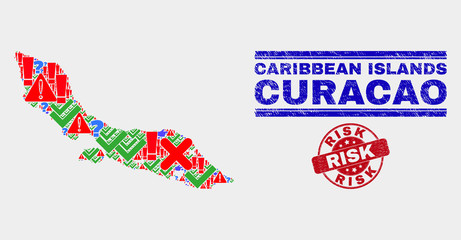 Sign Mosaic Curacao Island map and seal stamps. Red round Risk textured seal. Bright Curacao Island map mosaic of different random elements. Vector abstract composition.