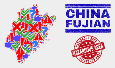 Symbolic Mosaic Fujian Province map and seal stamps. Red round Hazardous Area distress seal stamp. Colorful Fujian Province map mosaic of different scattered symbols. Vector abstract collage.
