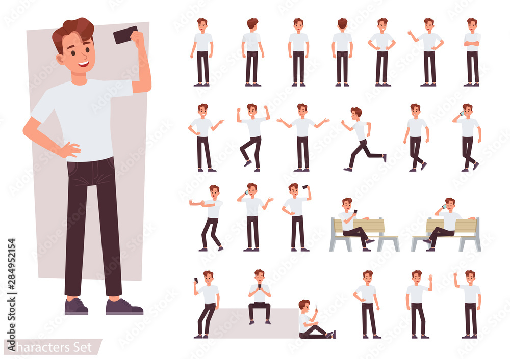 Wall mural set of man character vector design. presentation in various action with emotions, running, standing 