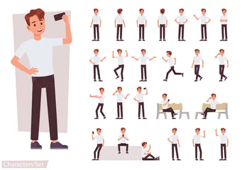 Fotobehang Set of man character vector design. Presentation in various action with emotions, running, standing and walking. © yindee