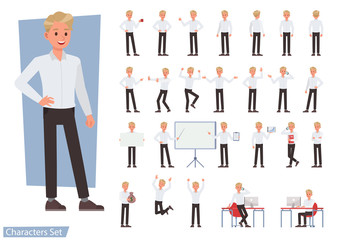 Set of man wear white shirt character vector design. Presentation in various action with emotions, running, standing and walking.