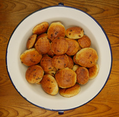 Pogacsa – Biscuits with bacon in a large white bowl