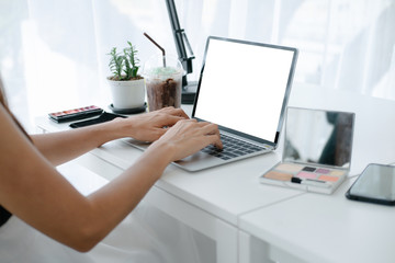 Mockup image of beautiful woman holding credit card enjoying in shopping website online with smartphone and laptop, mockup concept