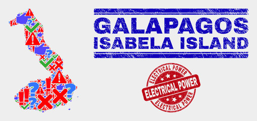 Symbol Mosaic Isabela Island of Galapagos map and seal stamps. Red rounded Electrical Power distress seal stamp. Colored Isabela Island of Galapagos map mosaic of different scattered icons.