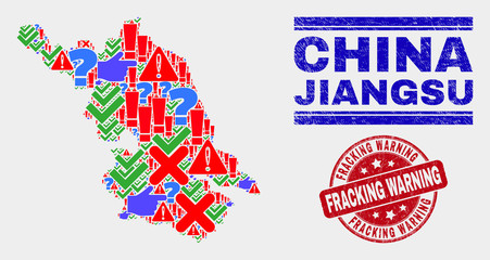 Symbolic Mosaic Jiangsu Province map and seal stamps. Red round Fracking Warning grunge seal. Colorful Jiangsu Province map mosaic of different random elements. Vector abstract collage.