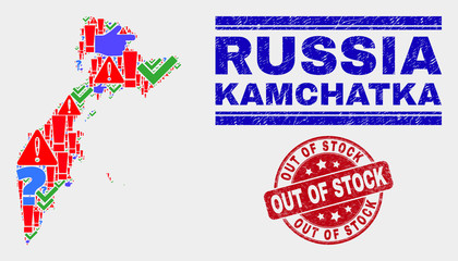 Symbolic Mosaic Kamchatka map and seal stamps. Red rounded Out of Stock textured seal stamp. Bright Kamchatka map mosaic of different randomized icons. Vector abstract combination.