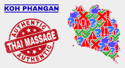 Symbol Mosaic Koh Phangan map and stamps. Red round Authentic Thai Massage textured watermark. Colorful Koh Phangan map mosaic of different random icons. Vector abstract combination.