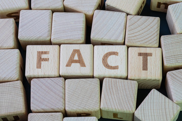 Fact, truth or knowledge that share across people and society concept, cube wooden block with alphabet combine the word Fact on black chalkboard background