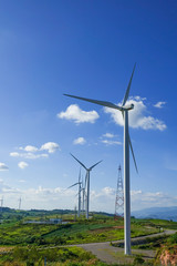 Wind turbine farm from clean energy. Wind power for electricity.
